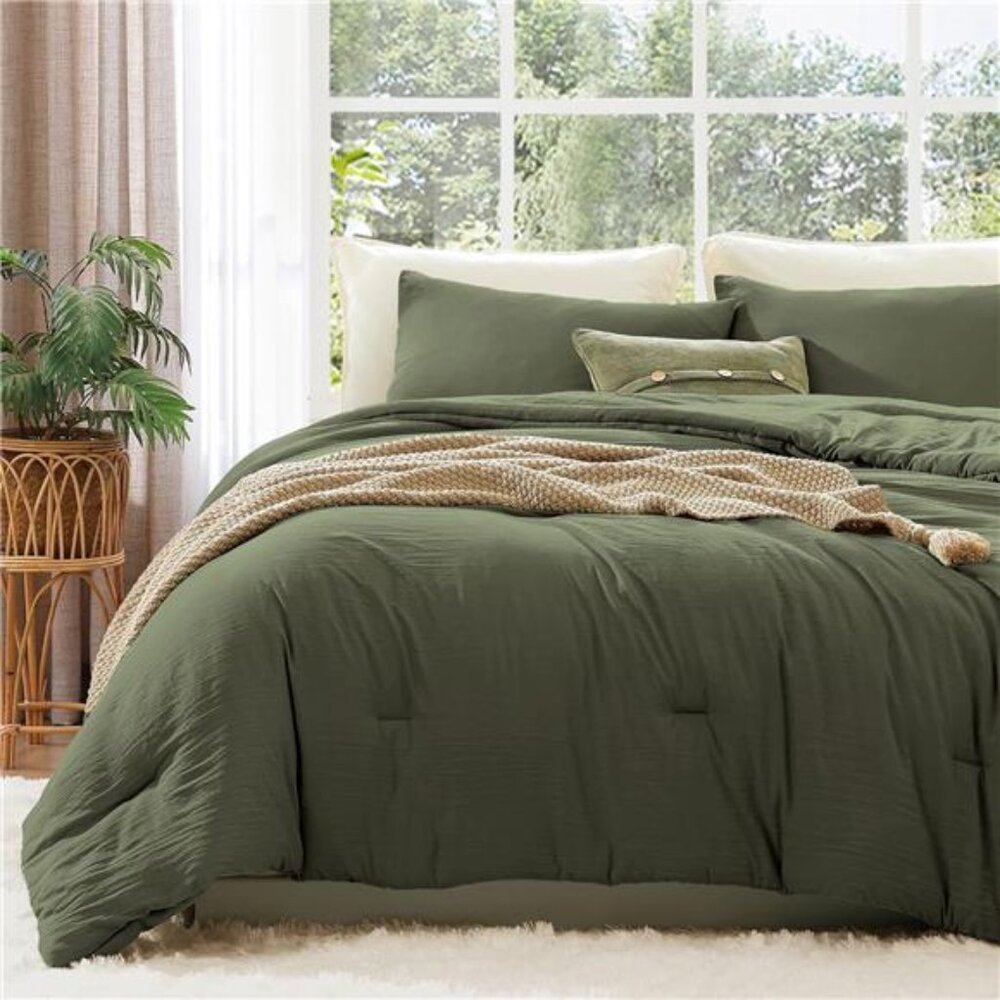 Queen Comforter Set - 3 Pieces Prewashed Olive Green Comforter Soft Lightweight